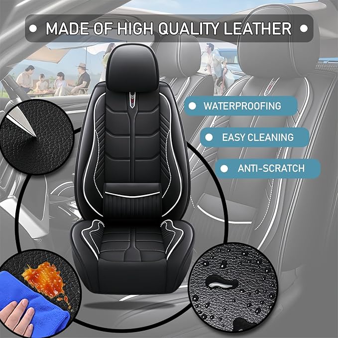 Leather Car Seat Covers Fit for Toyota Sienna 1997-2024, 5 Seater Car Seat Cover, Premium Waterproof, Scratch Resistant Car Interior Accessories (Full Set Black White)