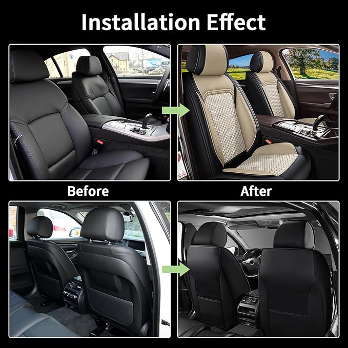 Car Seat Covers Front Seats for Toyota Prius 2003-2015 - Cooling Ice Silk Leather Seat Covers - Ventilated 2 Seats Vehicle Seat Cushion Protector Automotive Accessories (Black&Beige)