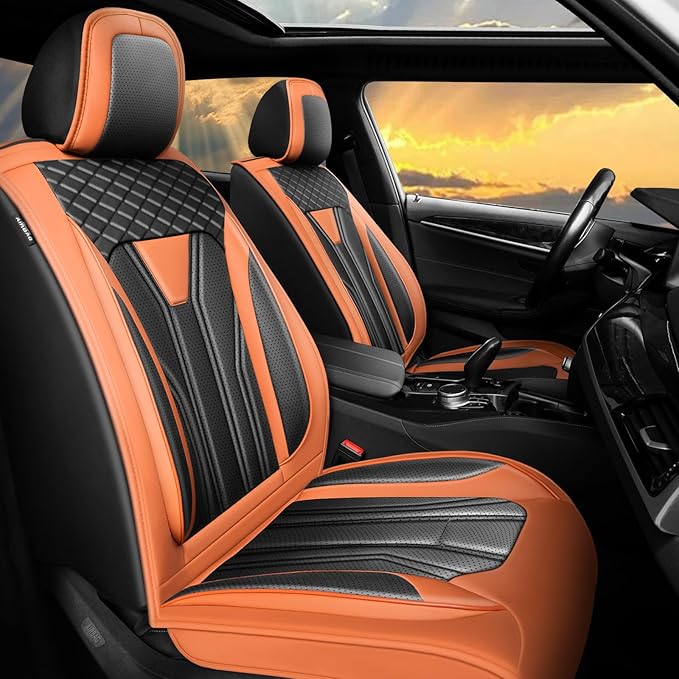 Fit Juke Car Seat Covers Compatible with Nissan Juke 2012-2015 2016 - Full Set Premium Leather， Waterproof Breathable， All-Weather Seat Cushion Protecto&Airbag Compatible （Orange&Black