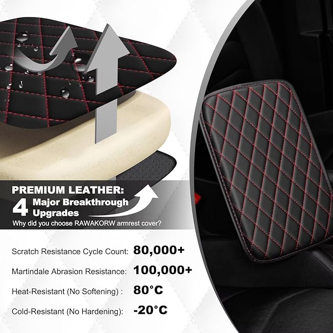 Upgraded Car Center Console Cover Fit for Venza Faux Leather Car Armrest Cover Cushion with 2 Storage Bags,Car Armrest Storage Box Interior Accessories(Black&Redline)