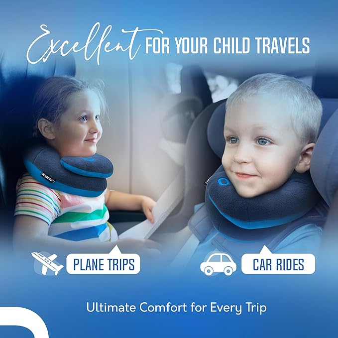 BCOZZY Kids Chin Supporting Travel Pillow for Ages 3–7- Patented Soft Neck Pillow for Head and Chin Support in Car Seat and Airplane. Comfortable Travel Essential. Small Size, Bag, Light Purple