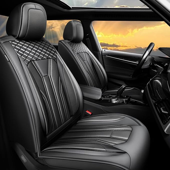 Fit Leaf Car Seat Covers Compatible with Nissan Leaf 2012-2025 2026 - Full Set Premium Leather， Waterproof Breathable， All-Weather Seat Cushion Protecto&Airbag Compatible （All Black