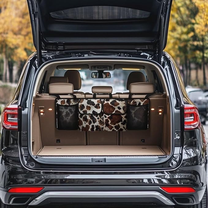 Cow Car Trunk Organizer and Storage, Backseat Hanging Organizer for SUV, Truck, MPV, Waterproof, Collapsible Cargo Storage Bag with 4 Pockets