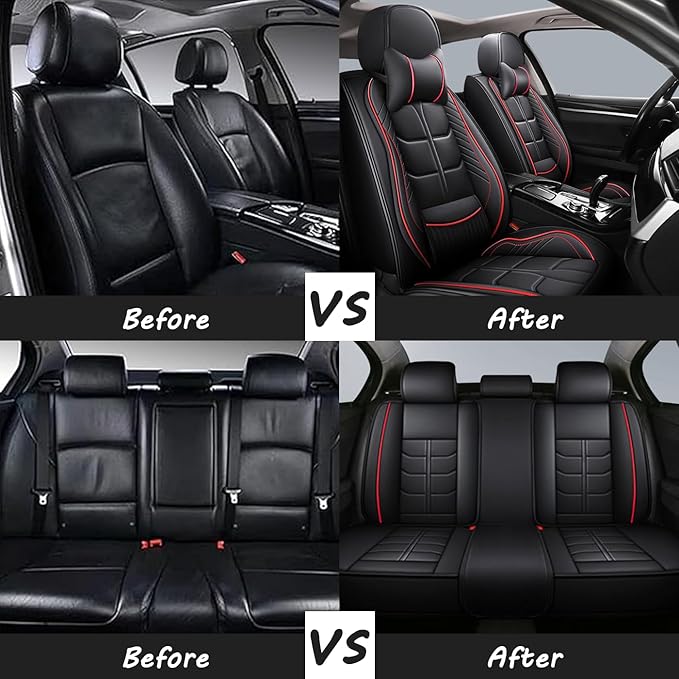 Leather Car Seat Covers Fit for Toyota Mirai 2016-2024, 5 Seater Car Seat Cover, Premium Waterproof, Scratch Resistant Car Interior Accessories (Full Set with Pillow Black Red)