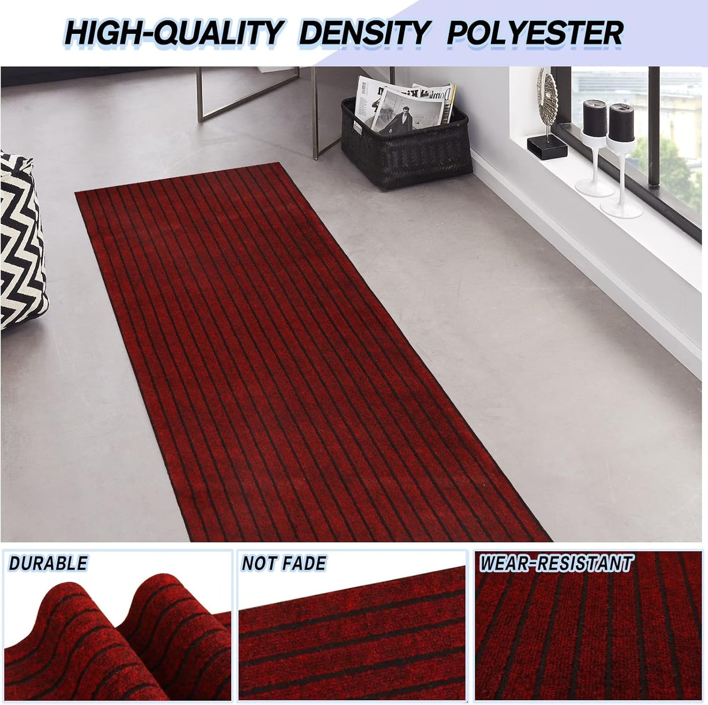 Custom Size Backed Non-Slip Area Rugs Runner, Easy Clean, Waterproof Runner Rugs for Hallway Entryway, Kitchen, Laundry, 4FT x 20FT, Red Stripe