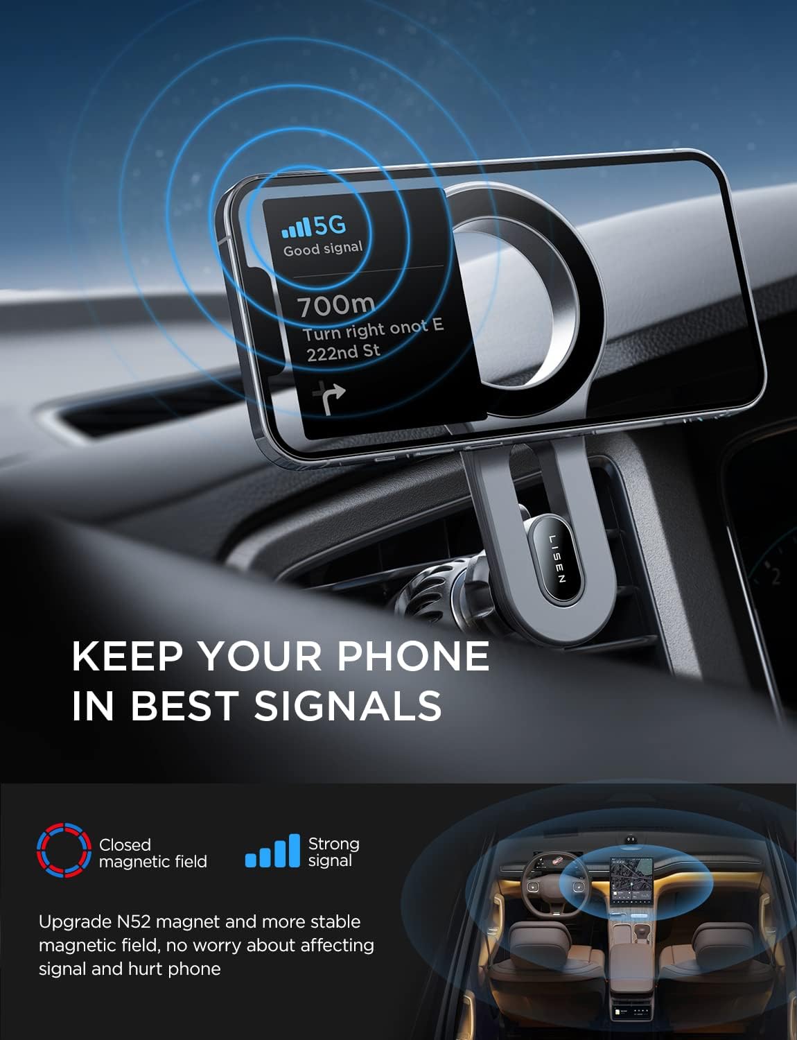 LISEN for iPhone 16 MagSafe Car Mount, [Quick Install] Magnetic Long Arm Mag Safe Car Phone Holder Vent, Car Accessories Gifts for Men Women Fit for iPhone 16 Pro Max 15 14 13 12 Plus Mini, Purple