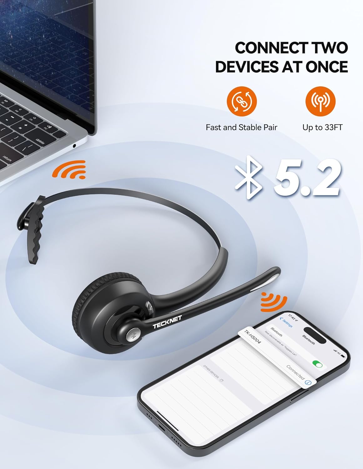 TECKNET Bluetooth Headset, Wireless Headset with Noise Canceling Microphone for Trucker, On-Ear Bluetooth Headphone with Mute Mic for Work