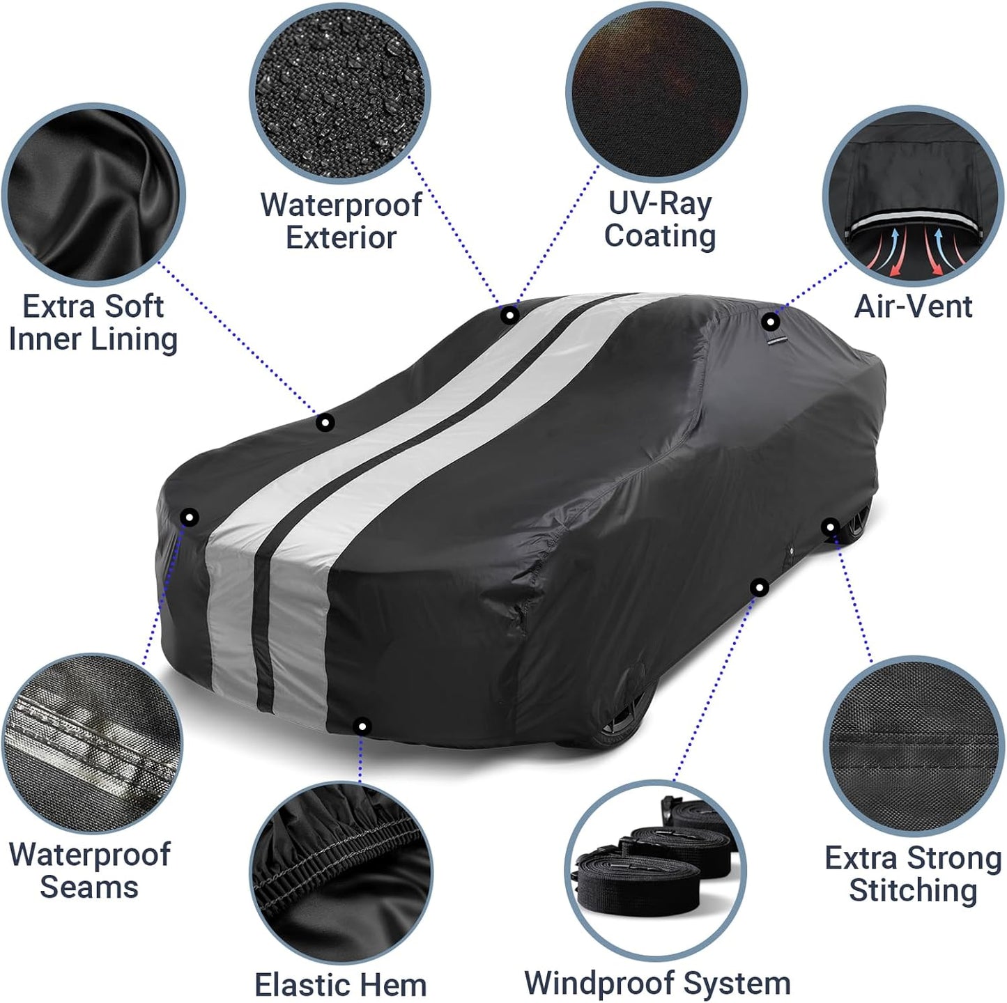 iCarCover Custom Car Cover for Chevy Del Ray (1958) Waterproof All Weather Rain Snow UV Sun Protector Full Exterior Indoor Outdoor Car Cover (Stripe - Black/Gray)