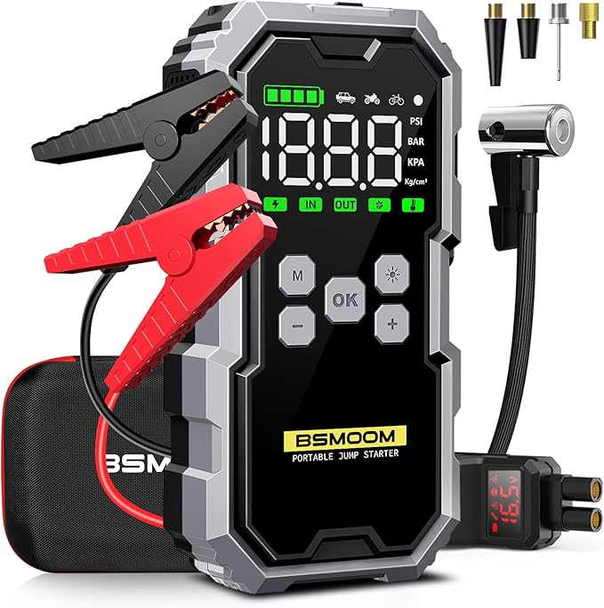 Jump Starter with Air Compressor, 6000A Jump Starter Battery Pack (All Gas/10L Diesel), 150PSI 12V Jump Box Car Battery Jumper Starter Portable with Type-C Quick Charge and LED Lights