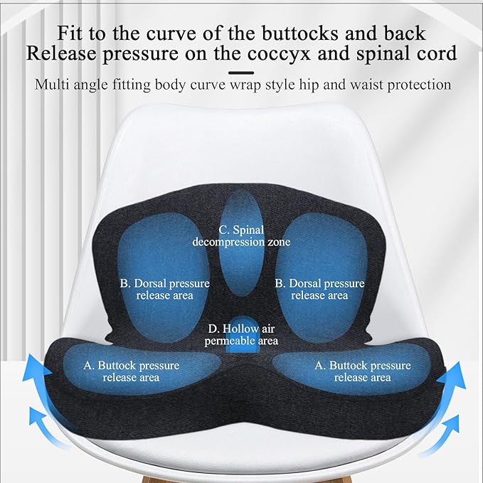 Ergonomic Seat Cushion with Adjustable Strap, Memory Foam Office Chair Seat Cushion with L-Shaped Design, Car Seat Cushion Fits for Truck Driver Semi Truck, Gaming Chair, Desk, Dark Gray