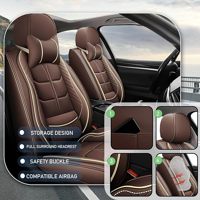 Leather Car Seat Covers Fit for Toyota RAV4 EV 2012-2013, 5 Seater Car Seat Cover, Premium Waterproof, Scratch Resistant Car Interior Accessories (Full Set with Pillow Coffee)