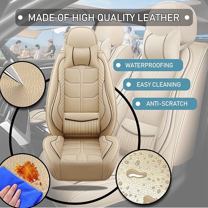 Leather Car Seat Covers Fit for Toyota Mirai 2016-2024, 5 Seater Car Seat Cover, Premium Waterproof, Scratch Resistant Car Interior Accessories (Full Set with Pillow Beige)
