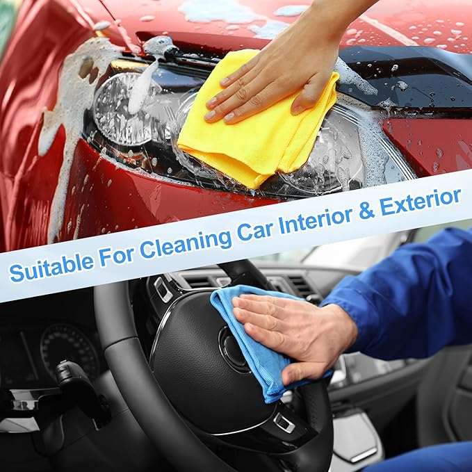 HARFINGTON 4 Pack Microfiber Cleaning Cloth, 14" x 14" Multi-Functional Cleaning Towels Reusable Absorbent Rags with Hook for Car Wash Kitchen Household Window Clean, Sapphire Blue