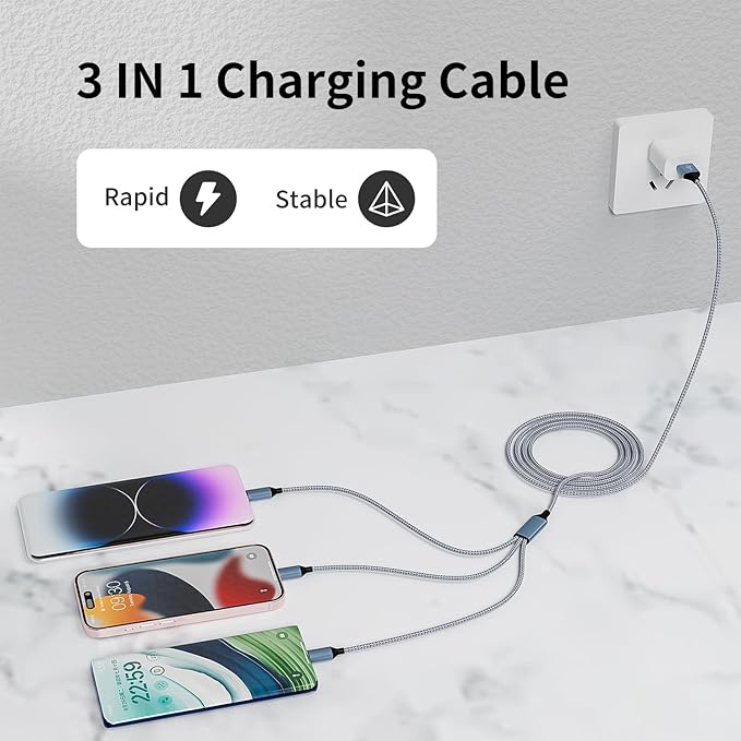 Multi Charging Cable(3Pack 4FT), 3 in 1 Charging Cable for Multiple Devices, Multi Phone Charger Cord with Type-C, Micro USB and IP Port for iPhone 16/15/14/13/iPad/Android/Tablets and More