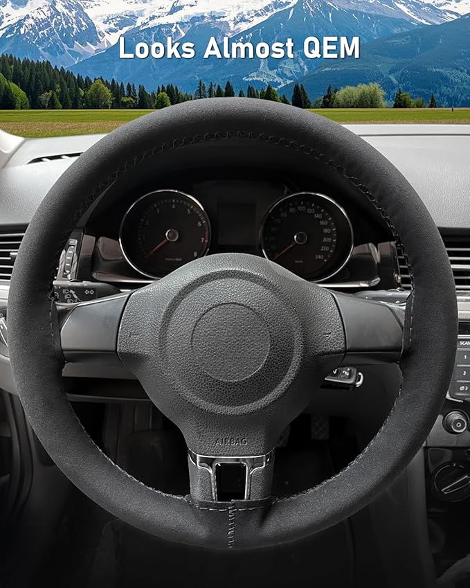 BELINOUS Suede Leather Steering Wheel Cover, DIY Stitch-On Steering Wheel Wrap with Needle & Thread, Non-Slip & Sweat-Absorbing, Universal Fit for 13.75-16 Inch (Size S3, Black)