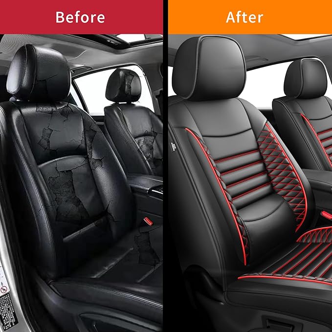 Fit Kona Car Seat Covers for Hyundai Kona 2018-2024 2025 2026 - Upgraded Premium Waterproof & Breathable Leather, Airbag Compatible, All-Weather Seat Cushion Protector(2 Front/Black+Red)