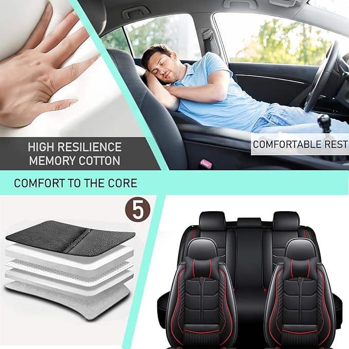 Leather Car Seat Covers Fit for Toyota Avalon Hybrid 2013-2024, 5 Seater Car Seat Cover, Premium Waterproof, Scratch Resistant Car Interior Accessories (Full Set with Pillow Black Red)