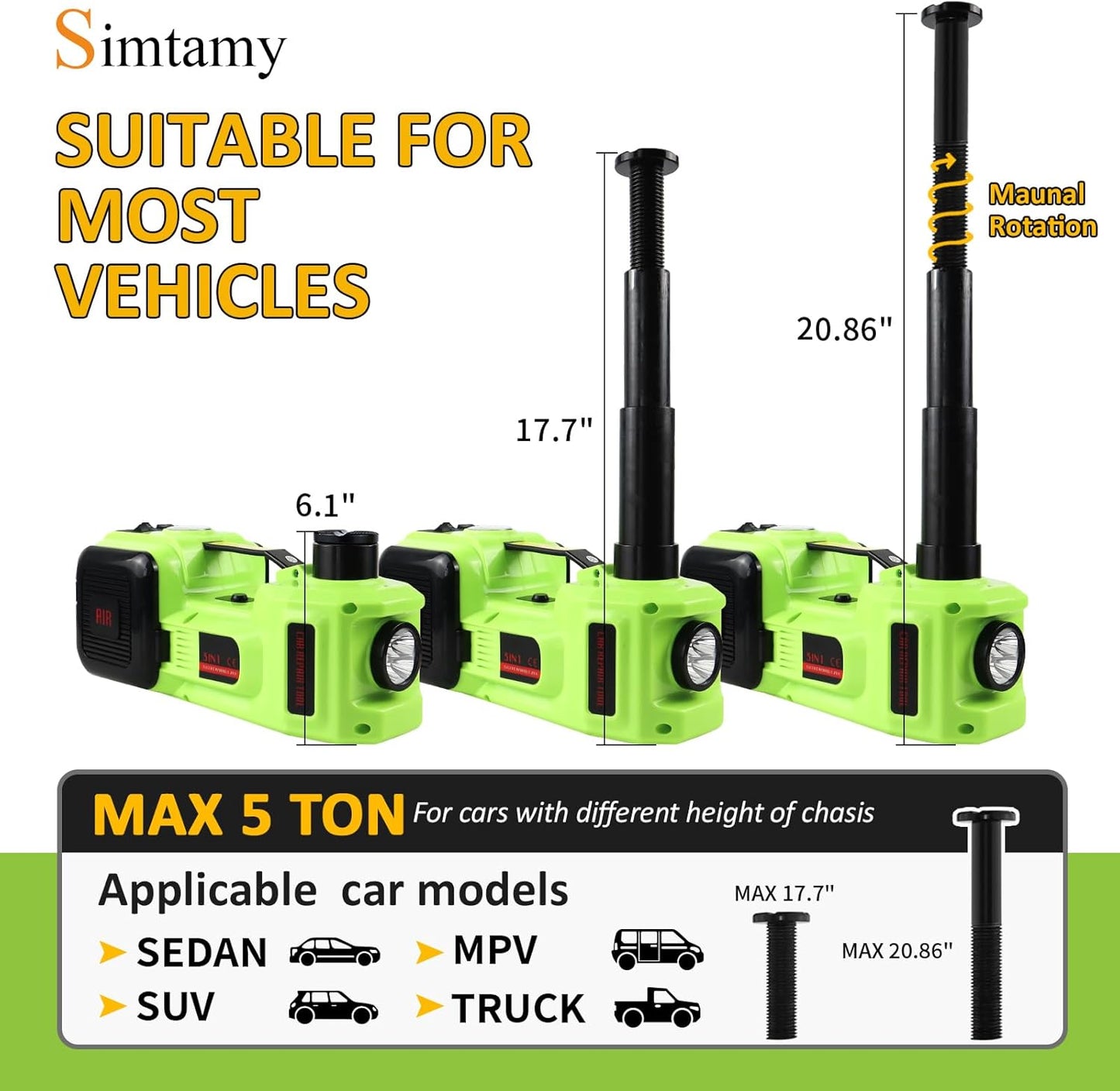 Electric Car Jack Kit 5Ton 12V Car Jack(Lifting Range: 6.1~20.86 inch) with Impact Wrench Tire Inflator for SUV MPV Sedan Truck Change Tires Garage Repair and Emergency Tire Change