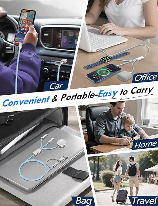 Travel Essentials for Apple Watch Charger,iPhone Charger,3 in 2 Type C/L/Magnetic Fast Charging Cable,Multi Charging Cable Portable Designed for iWatch Series,iPhone 17-11,Galaxy S26-S21,Car-5FT
