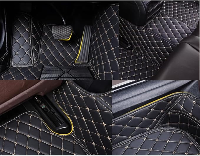 Custom Personalized Floor Mats for Cars，Luxury Full Coverage All Weather Car Floor Mats，Anti-Slip Leather Car Mat Set ，Custom Floor Mats for 99% of Cars, Trucks & SUVs (Black Beige)