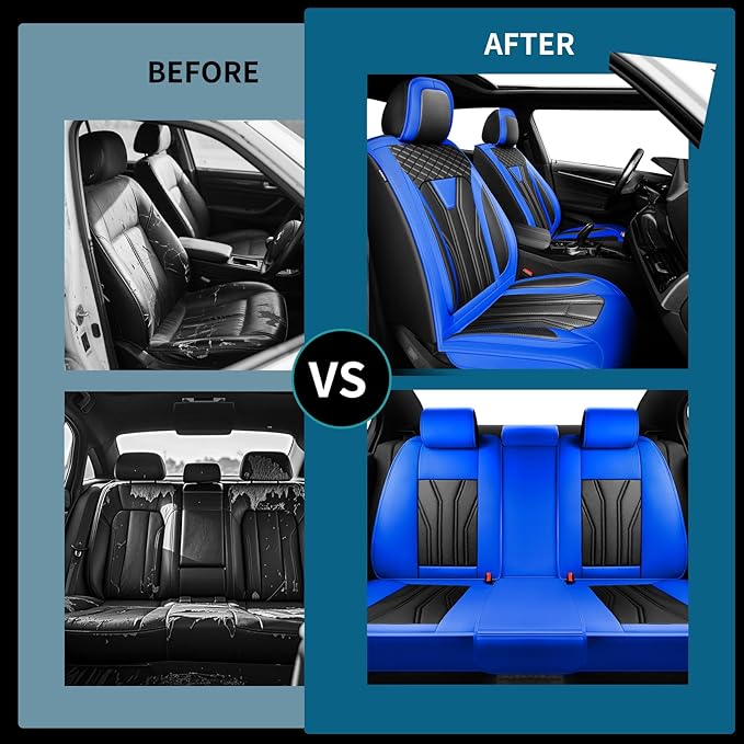 Fit Versa Car Seat Covers Compatible with Nissan Versa 2008-2025 2026 - Premium Leather， Waterproof Breathable， All-Weather Seat Cushion Protecto&Airbag Compatible (2 Front Seat Blue&Black)