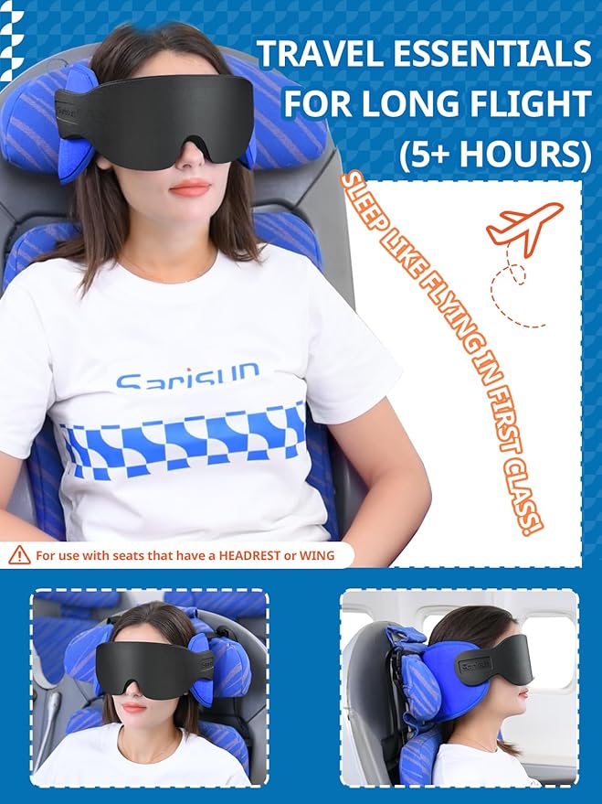 Travel Pillow for Airplanes, Airplane Pillow for Long Flight, Neck Pillow with Eye Mask for Sleeping, Portable Travel Pillow for Car Road Trip Headrest, Stop Bobblehead, Grey