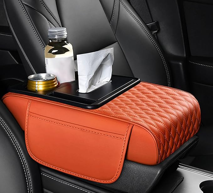 Car Armrest Center Console Cover for Ford Maverick 2022–2025, Center Console Pad with Cup Holder, Multifunctional Armrest Cushion,F Orange