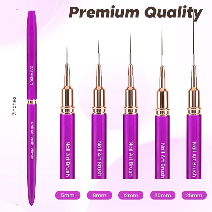 5PCS Nail Art Brushes Set with Pink Leather Case，【Metallic Material】 【Various Size】 【Light Weight】Nail Brush， Nail Brushes for Nail Art，Size：5mm,8mm,12mm,20mm,25mm, Purple