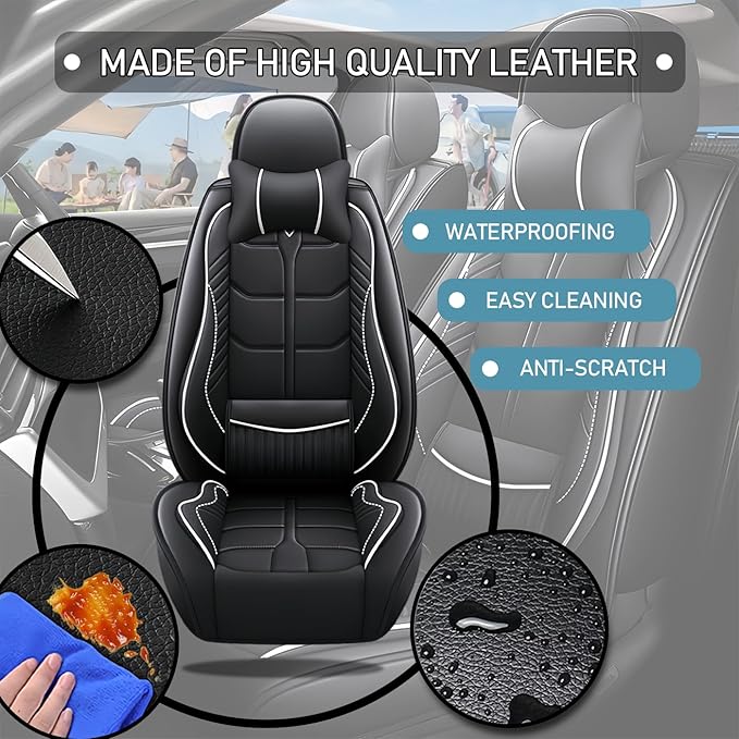 Leather Car Seat Covers Fit for Toyota Mirai 2016-2024, 5 Seater Car Seat Cover, Premium Waterproof, Scratch Resistant Car Interior Accessories (Full Set with Pillow Black White)