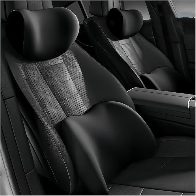 Car Lumbar Support Pillow and Car Neck Pillow Kit for Mini John Cooper Works Electric 2025 2026, Car Seat Neck Back Rest Pillows, Ergonomic Car Seat Headrest & Lumbar Cushion,A Black