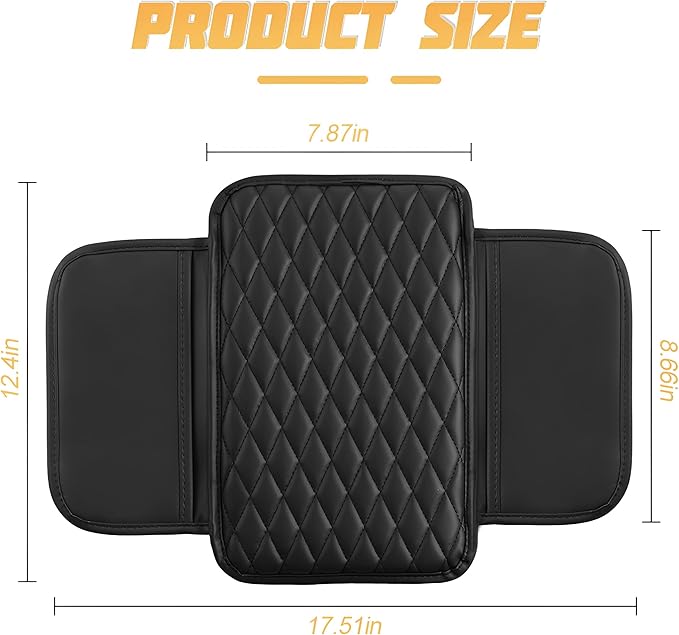 Car Center Console Cover, Leather Vehicle Armrest Seat Box Cushion Pad with Storage Bags, Waterproof Automotive Middle Console Protector, Universal for SUV RV Truck (Black)