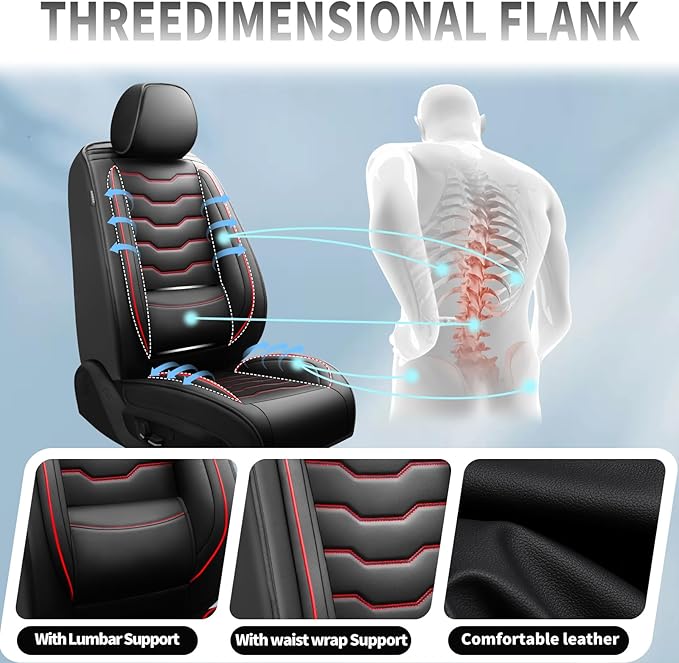 Fit Juke Car Seat Covers Compatible with Nissan Juke 2012-2015 2016 - Full Set Premium Leather， Waterproof Breathable， All-Weather Seat Cushion Protecto&Airbag Compatible（Red Line Black