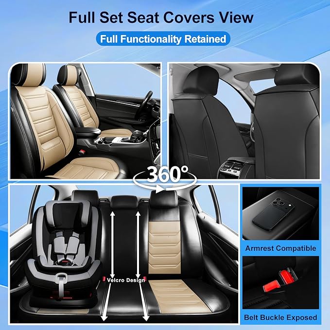 Fit HR-V Car Seat Covers for Honda HRV 2016-2025 2026 LX/EX/EXL/Sport - Full Coverage Leather, Airbag Compatible, Breathable Waterproof All Weather Seat Protector, Full Set, Black+Beige