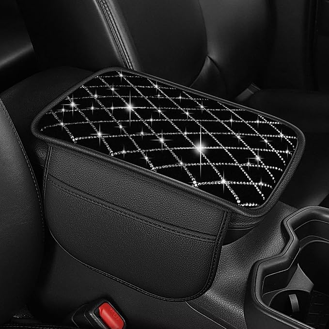 Bling Center Console Cover with 2 Side Pockets Fit for Avalon Multi-Functional Car Armrest Cushion Diamond-Studded Rhombus Pattern Style(Black&Silver Diamond)