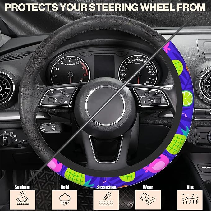 Tropical Flamingo Steering Wheel Covers Hibiscus Fruit Universal 15 Inch Car Wheel Cover,Anti-Slip Breathable Car Accessories Protector Fit for Trucks,Sedans,SUVs,Vans