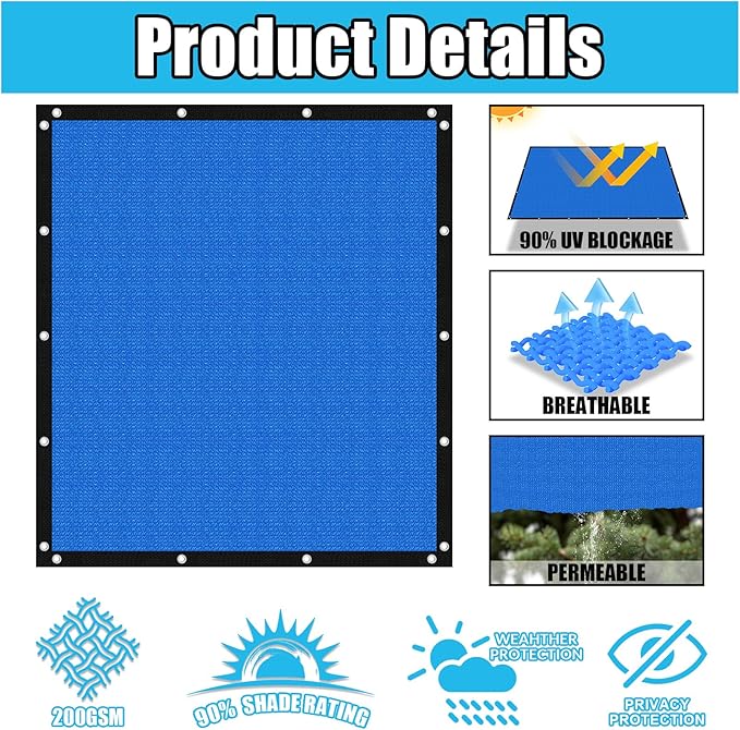 Amagenix 90% Pergola Shade Cover 4' X 18' Sun Shade Cloth with Grommets for Outdoor Garden Patio Porch, Commercial Grade 200 GSM - Cable Zip Ties Included (We Customized) GN108, Blue