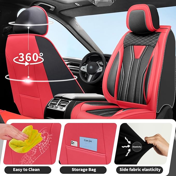Fit Frontier Car Seat Covers Compatible with Nissan Frontier 2010-2025 2026 - Full Set Premium Leather， Waterproof Breathable， All-Weather Seat Cushion Protecto&Airbag Compatible （Red & Black
