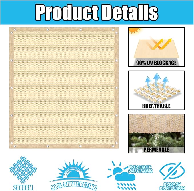 Amagenix 90% Pergola Shade Cover 4' X 4' Sun Shade Cloth with Grommets for Outdoor Garden Patio Porch, Commercial Grade 200 GSM - Cable Zip Ties Included (We Customized) GN108, Wheat
