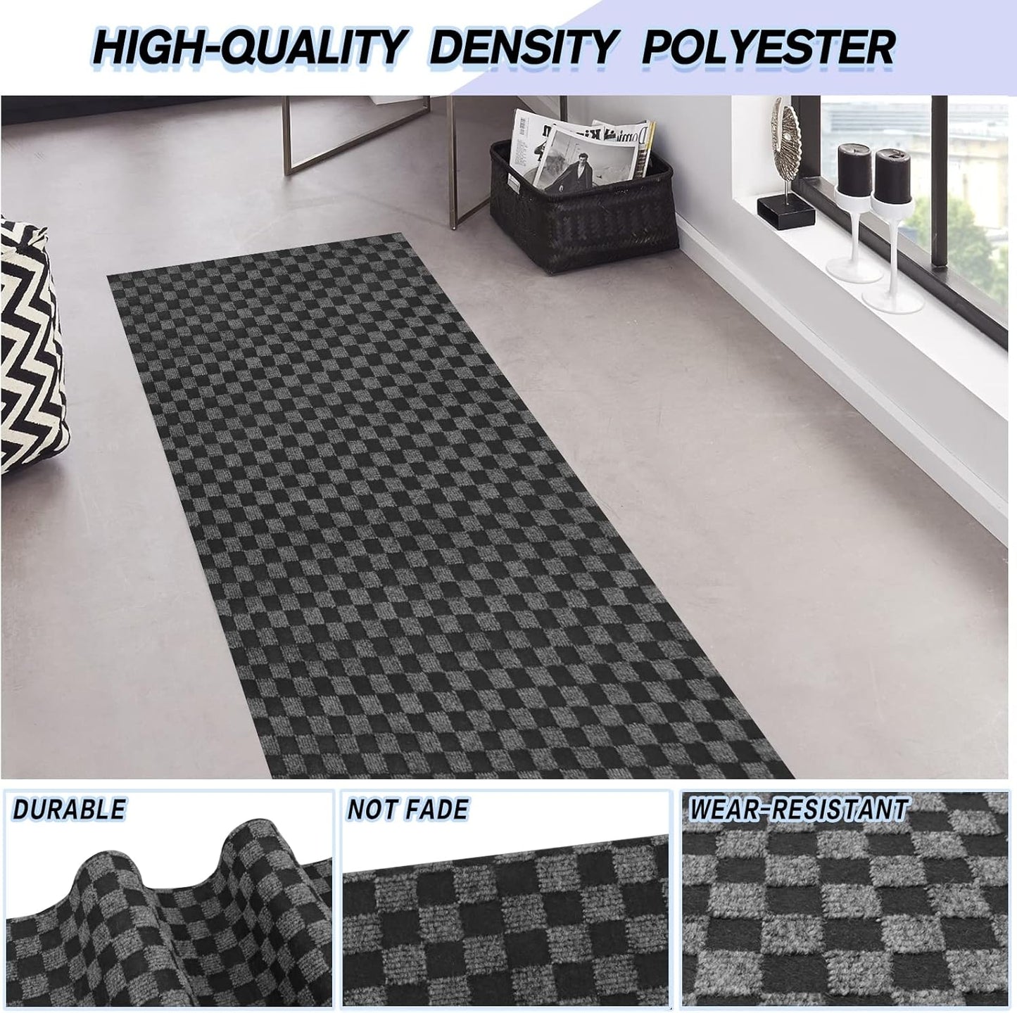 Custom Size Backed Non-Slip Area Rugs Runner, Easy Clean, Waterproof Runner Rugs for Hallway Entryway, Kitchen, Laundry, 3FT x 57FT, Gray Checkered