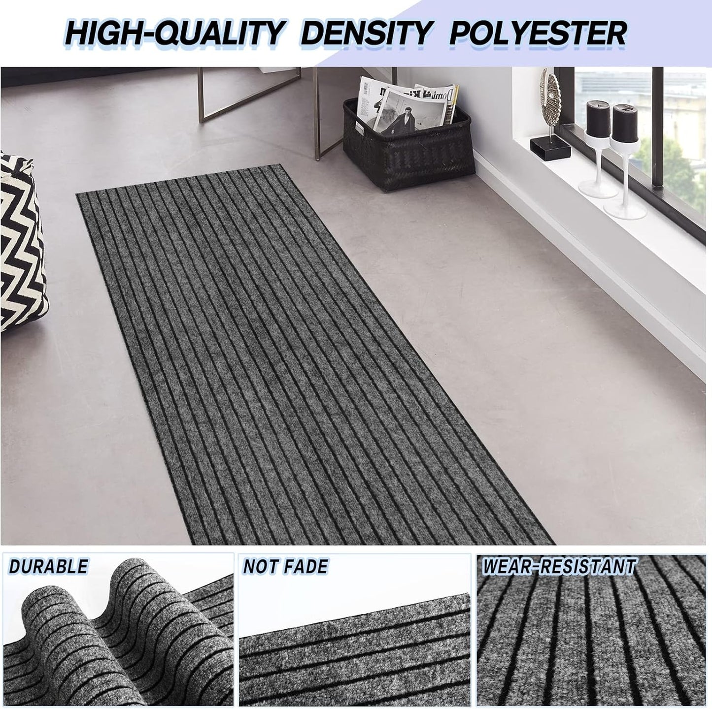 Custom Size Backed Non-Slip Area Rugs Runner, Easy Clean, Waterproof Runner Rugs for Hallway Entryway, Kitchen, Laundry, 2FT x 18FT, Gray Stripe