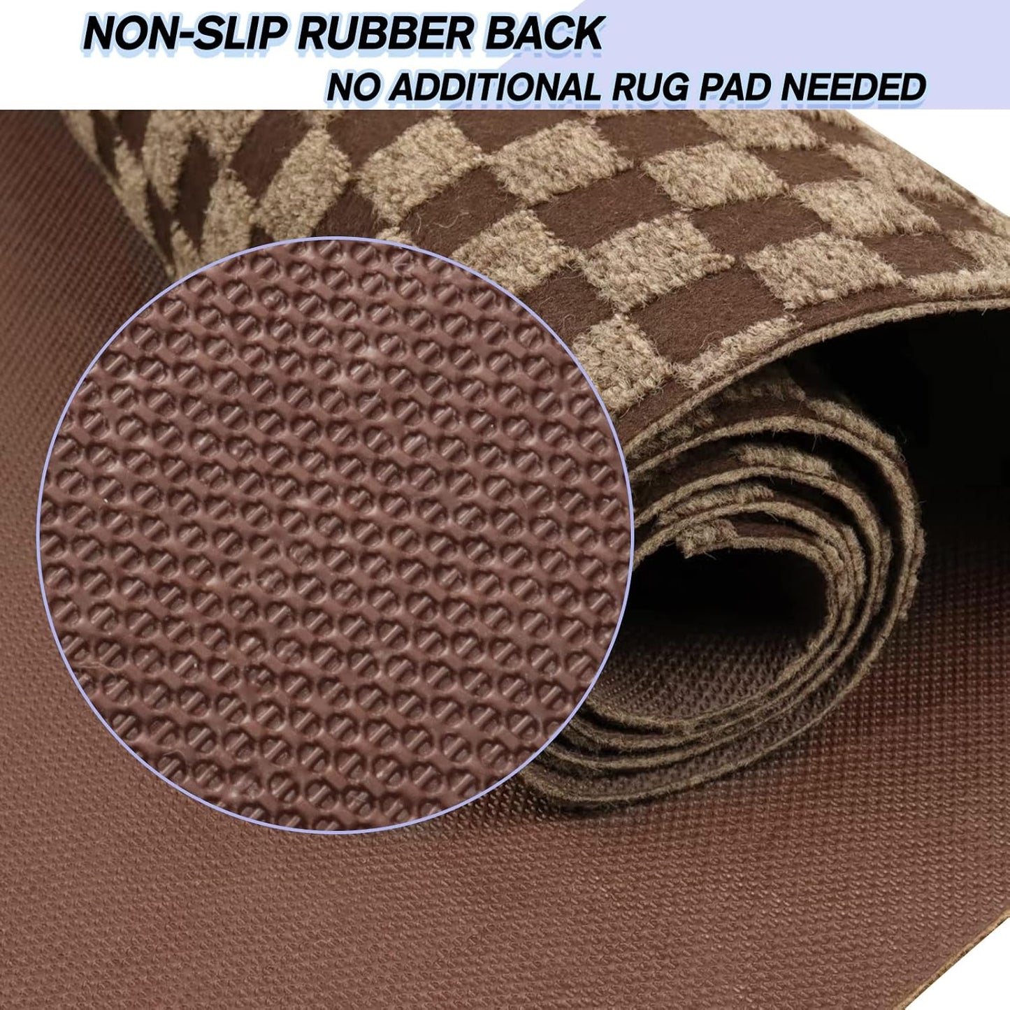 Custom Size Backed Non-Slip Area Rugs Runner, Easy Clean, Waterproof Runner Rugs for Hallway Entryway, Kitchen, Laundry, 3FT x 42FT, Brown Checkered