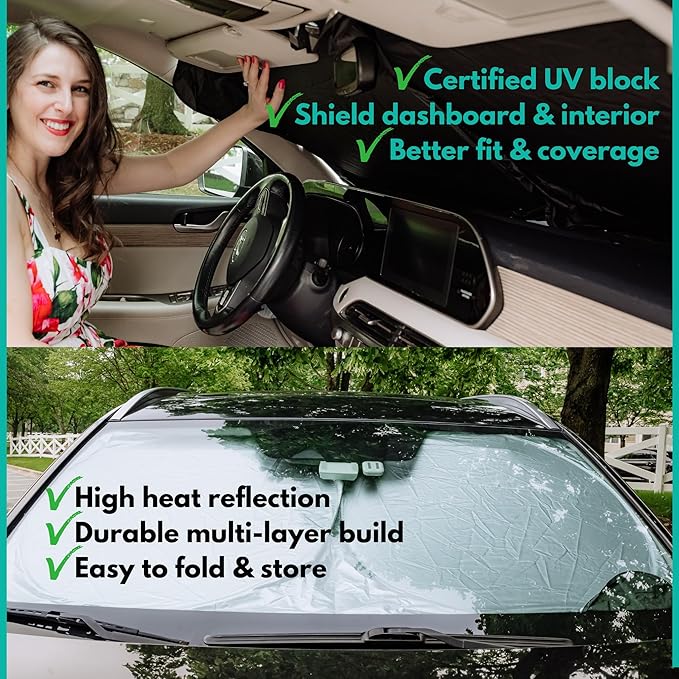 Windshield Sun Shade -Certified 99.87% UVB & 99.02% UVA Car Sun Shade. Award Winning Sunshade - Patented Technology | Compatible for Toyota Highlander (2008-2013) | Car Shades by Kinder Fluff