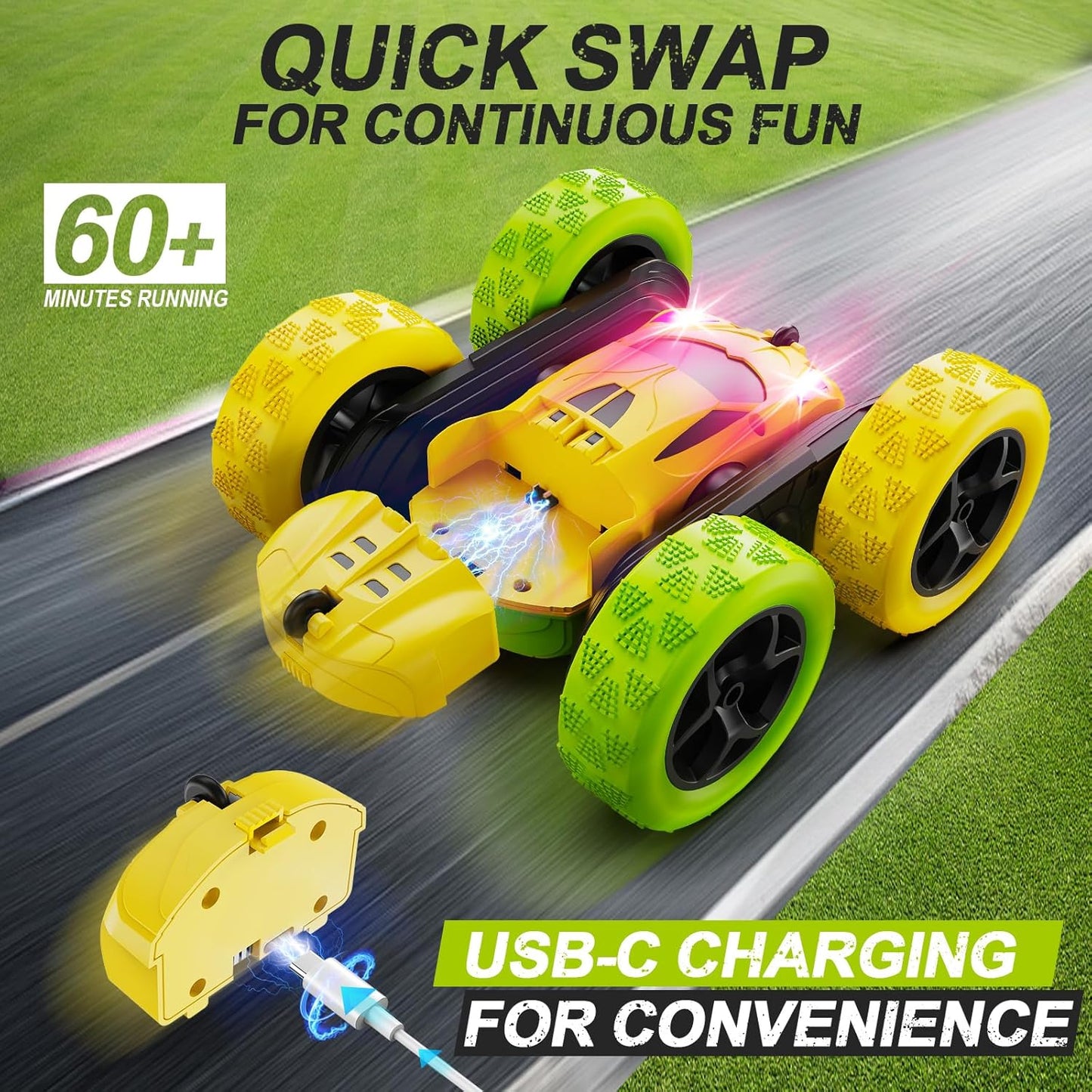 Remote Control Car, RC Car Toys for 6-12 Year Old Boys, Off Road RC Stunt Car 4WD 360° Rotating Remote Control Car for Kids, Boys Girls Gifts for Birthday, Christmas Yellow&Green
