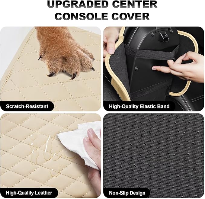 Upgraded Car Center Console Cover Fit for Avalon Faux Leather Car Armrest Cover Cushion with 2 Storage Bags,Car Armrest Storage Box Interior Accessories(Beige&Whiteline)