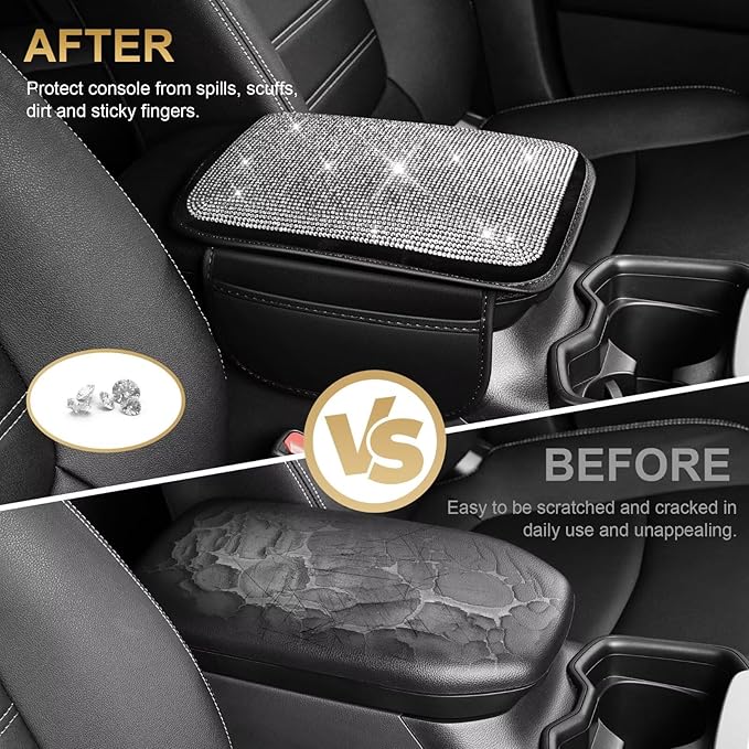 Bling Center Console Cover Fit for Toyota RAV4 with 2 Storage Bags Fully Diamond-Studded Style Center Console Armrest Cover with Total Protection(Silver Diamond)