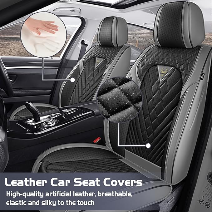 Truck Seat Covers for GMC Sierra 1500 2007-2026, Waterproof Premium Leather Full Coverage Car Seat Cover, Muscle Sport Style Auto Interior Seat Cover Sets (Full Set/Gray Black)