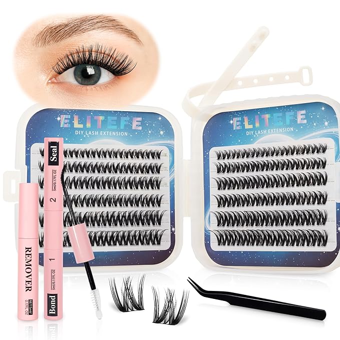 Lash Extension Kit DIY Lash Clusters Kit Eyelash Extensions Individual Lashes Extensions with (BondSeal,Tweezers,Remover,144Pcs,Wildflower,8-16)
