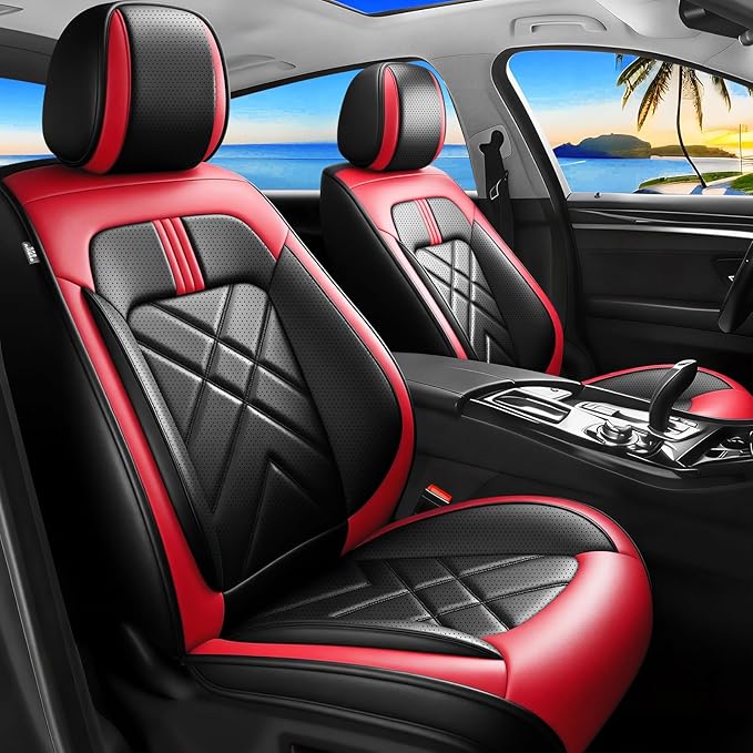 CX-90 Car Seat Covers Fit for Mazda CX-90 2007-2026, Full Coverage Premium Leather Waterproof Breathable Seat Covers, Automotive Seat Protectors, Airbag Compatible(2 Front Seats, Black & Red)