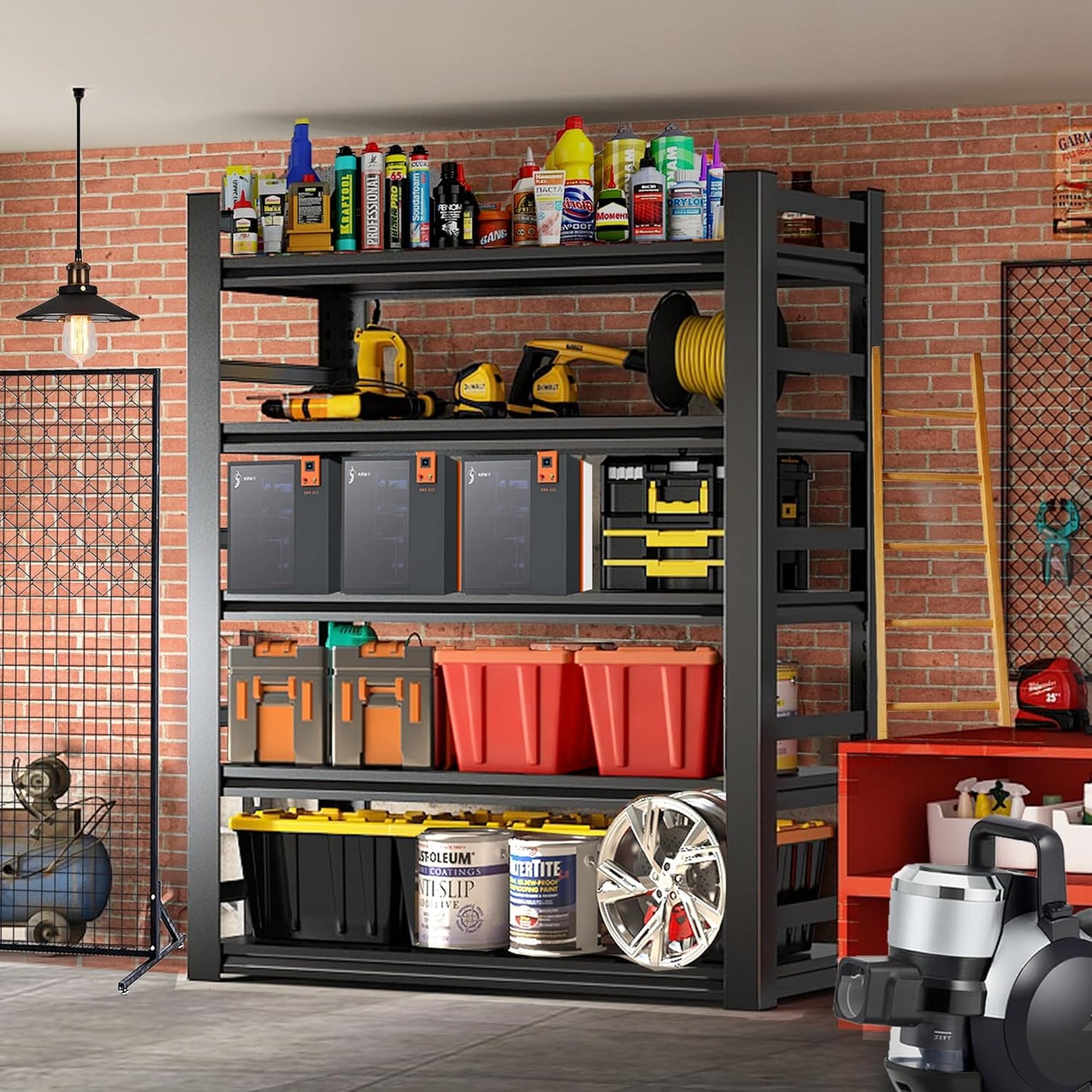 Adjustable 5-Tier Garage Shelving, Heavy Duty Steel Storage Rack, High Load Capacity, Ideal for Garage, Warehouse, or Home Organization (with Fences, 32" W*15.7" D*63" H)