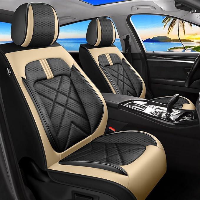 CX-3 Car Seat Covers Fit for Mazda CX-3 2016-2021, Full Coverage Premium Leather Waterproof Breathable Seat Covers, Automotive Seat Protectors, Airbag Compatible(Full Set Seats, Black Beige)